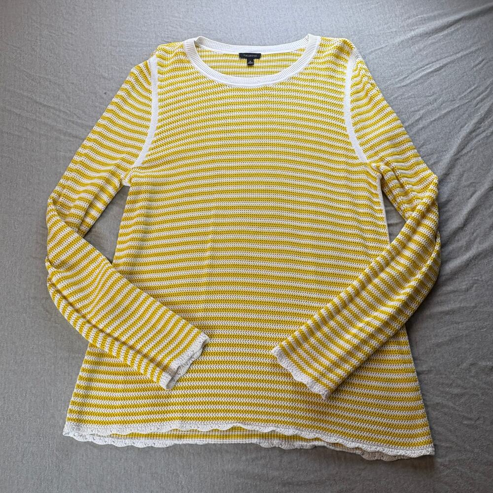 Talbots Yellow White Knit Striped Long Sleeve M Shirt Top Sweater Ruffle Hem